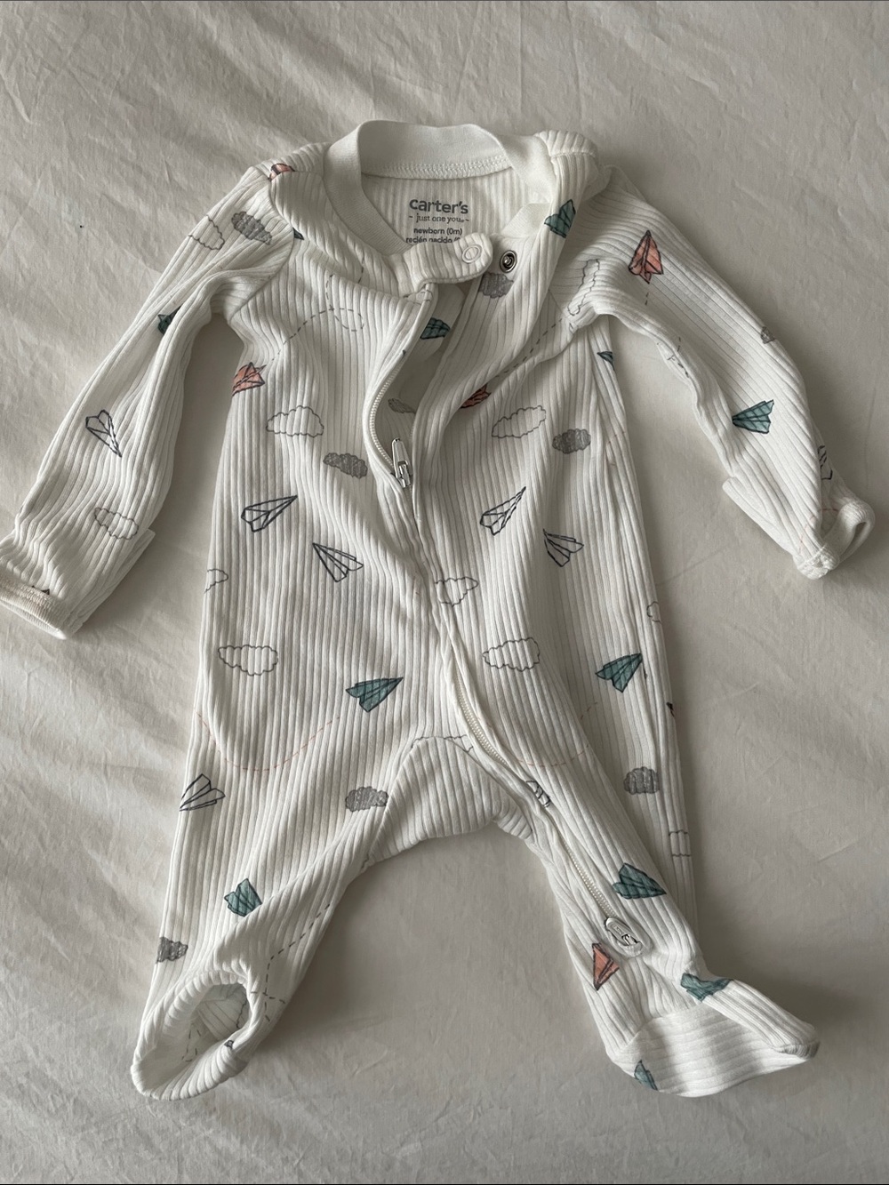 Carter's White Ribbed Footed One-Piece with Teal and Coral Paper Airplanes